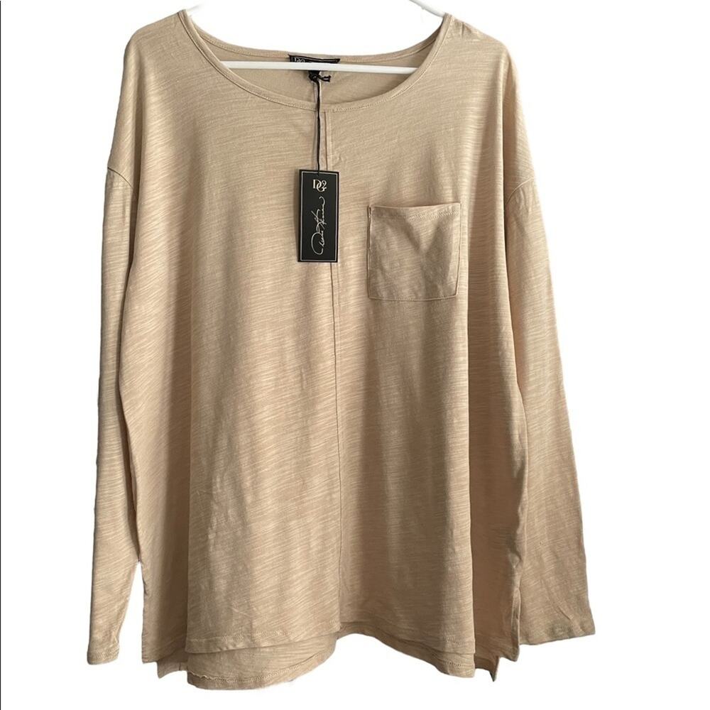 NWT DG2 Blouse Women XL Tan Long Sleeve Side Slit Oversized Loose Casual Outdoor